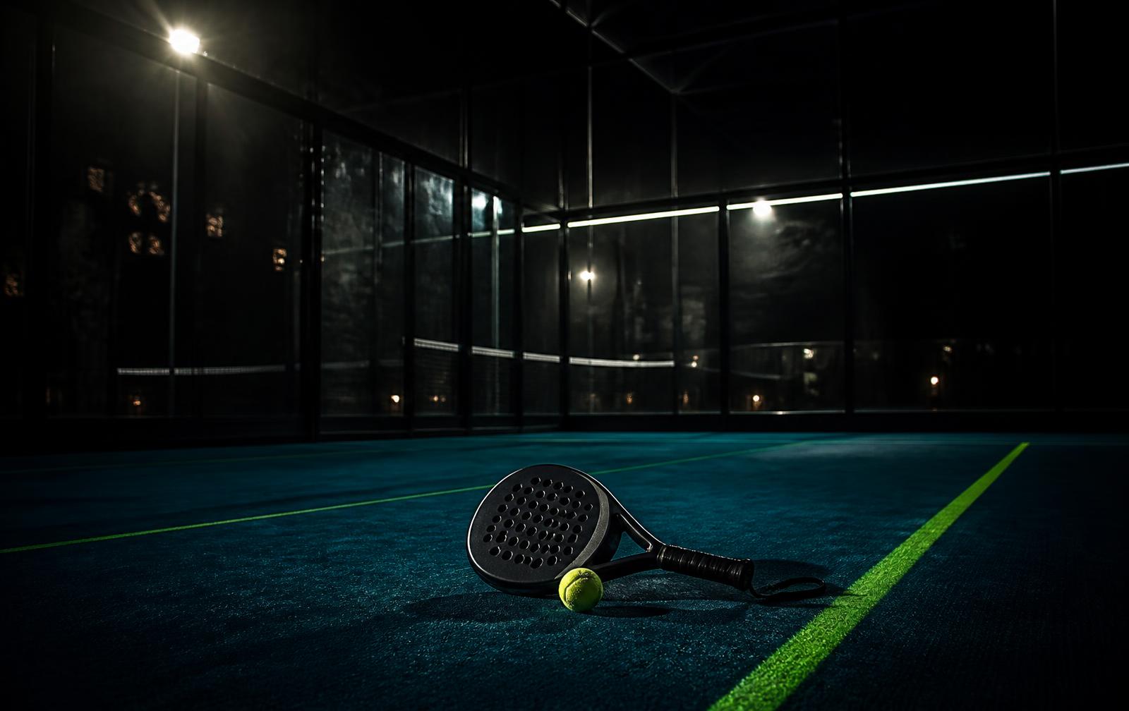 Indoor padelbaan bij avond met felgroene lijnen